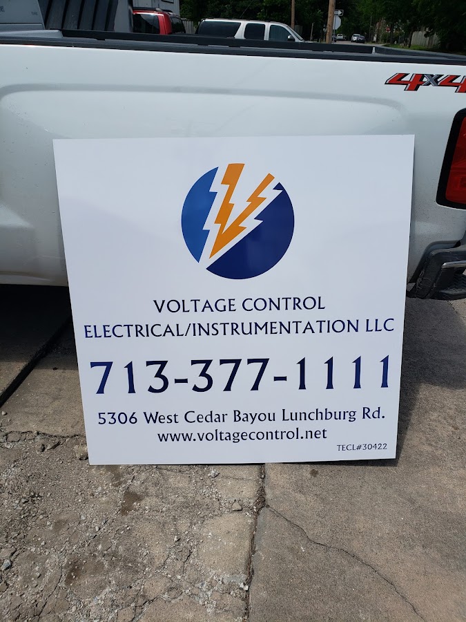 Voltage Control Electrical Instrumentation LLC company sign with phone and Baytown address